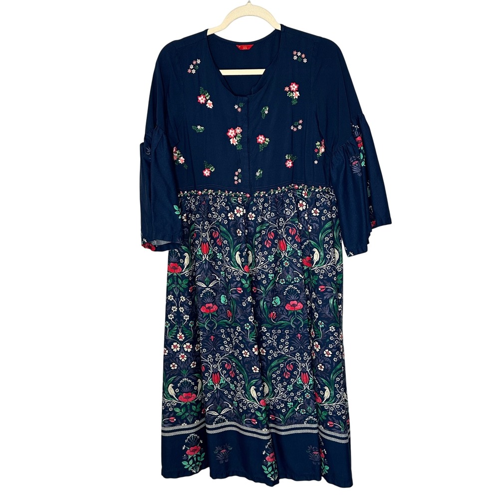 W For Woman Midi Dress Size 14 Blue Floral Embroidered Bird Print‎ 3/4  Viscose
